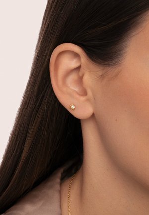 Orecchino a stud in oro con design a raggio di sole e pietra centrale trasparente. Forma circolare con accenti appuntiti che si irradiano verso l'esterno.
