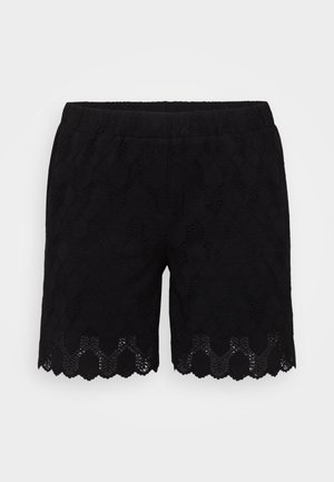 Shorts en dentelle noire avec un ourlet en forme de coquille et une texture en motif de diamant. Taille élastique pour le confort. Matériau léger et respirant.