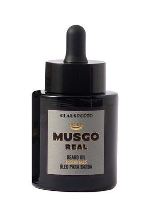 Schwarze Glasflasche mit Musgo Real Bartöl und Pipette, mit einem metallisch silbernen Etikett mit goldener Schrift und Kronen-Detail.