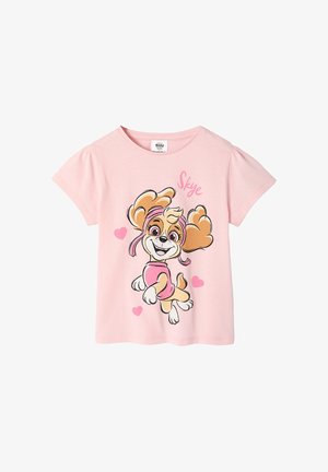 Pink children's T-shirt with cartoon dog character wearing pink outfit and headband, surrounded by small pink hearts and the word "Skye".
