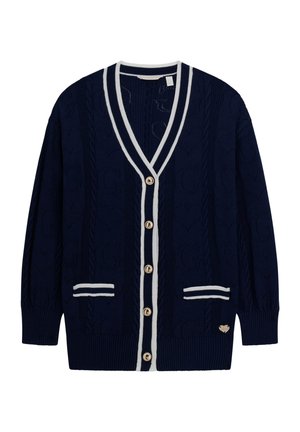Navy vest met witte accenten, met kabelbreisel textuur, een V-hals, vier goudkleurige knopen en twee voorzakken.