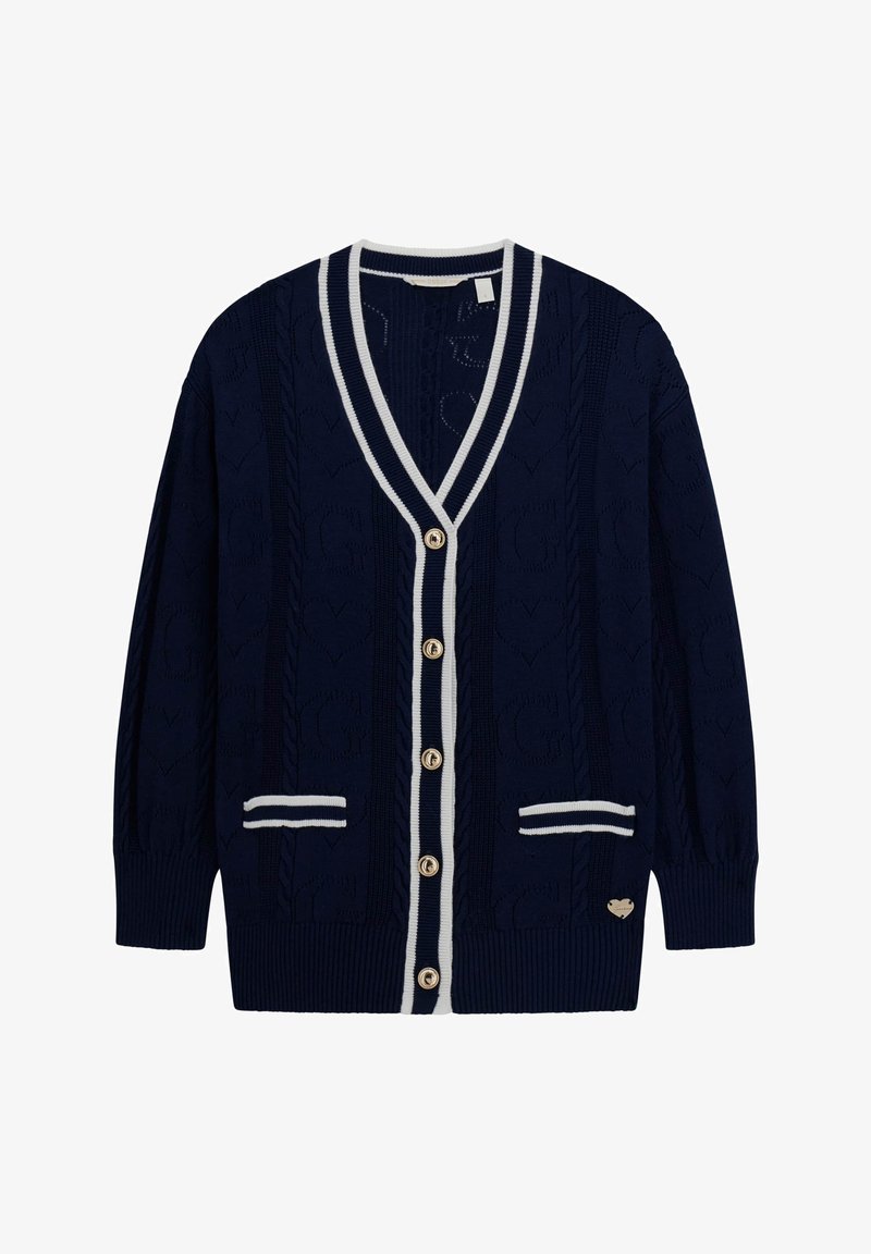 Cardigan marine avec des accents blancs, doté d'une texture en tricot torsadé, d'un col en V, de quatre boutons dorés et de deux poches avant.