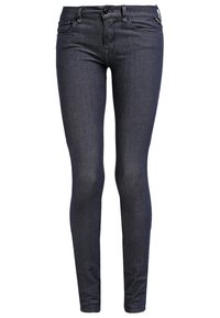 Jeans skinny de mezclilla azul oscuro con un diseño ajustado, cierre de cremallera y detalles de costura sutiles. Presenta un estilo clásico de cinco bolsillos.