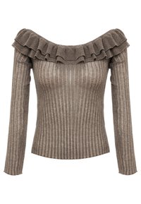 Braunes, geripptes Langarmoberteil mit einem schulterfreien Ausschnitt. Verfügt über einen Rüschensaum entlang des Kragens und einen figurbetonten Schnitt. Weicher Stoff.