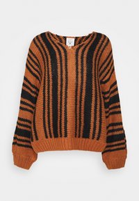 Dicker Strickpullover in verbranntem Orange mit vertikalen und horizontalen schwarzen Streifen, langen Ärmeln und gerippten Bündchen und Saum.
