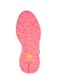 Vibram padas su tekstūru raudona spalva, turintis trikampius ašmenis ir geltoną logotipą. Lygaus krašto, sukurtas sukibimui ir lankstumui.