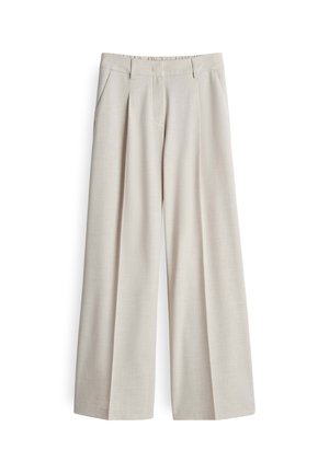 Pantaloni a gamba larga beige chiaro in tessuto testurizzato, con frontale plissettato, passanti per la cintura e tasche laterali. Vita a media altezza.