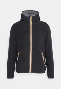 Felpa con cappuccio nera in pile con un interno grigio testurizzato, dotata di una zip anteriore con un accento a righe colorate e due tasche laterali con zip.