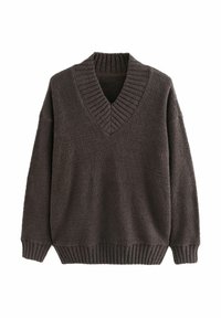 Tmavo hnedý oversize sveter vyrobený z mäkkej, textúrovanej látky s V-výstrihom a rebrovanými manžetami a lemom. Má voľný strih.