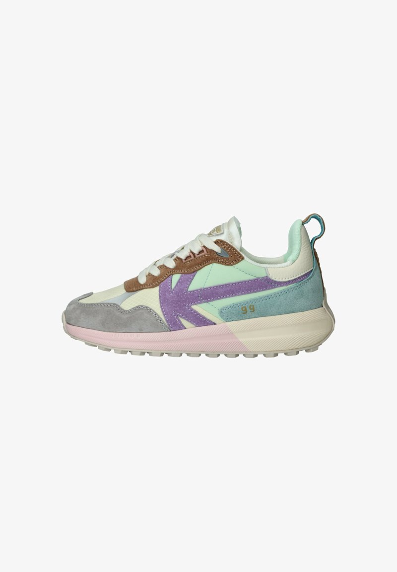Sneakers featuring a mix of materials: light grey suede, pastel mint, purple accents, and a textured sole, with a white and pink midsole.