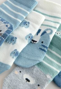 Set di cinque calze con design variabili nelle tonalità di blu e verde. Include motivi di animali e righe. Materiale in maglia morbida.