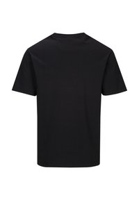 Schwarzes T-Shirt mit kurzen Ärmeln aus Baumwolle. Es hat einen runden Halsausschnitt und einen geraden Schnitt, mit einer glatten und weichen Textur. Keine Grafiken oder Muster.