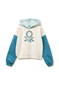 Sweat à capuche crème avec des manches turquoise. Présente un graphisme décoratif bleu au centre. Mélange de coton, texture douce, coupe décontractée.