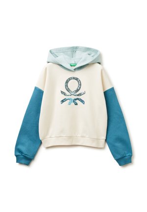 Crème hoodie met turquoise mouwen. Heeft een decoratieve blauwe grafiek in het midden. Katoenmix, zachte textuur, casual fit.