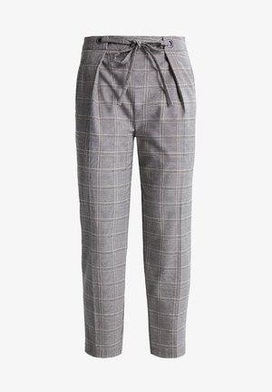 Pantaloni a quadri grigi realizzati in tessuto. Presentano un girovita con coulisse, tasche laterali e una vestibilità su misura con un design a gamba dritta.