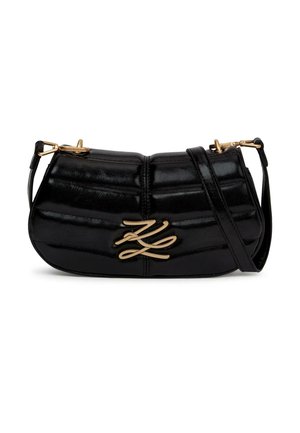 Fekete, steppelt bőr válltáska aranyszínű "KZ" logóval és állítható pánttal, téglalap alakú, lekerekített formájú.