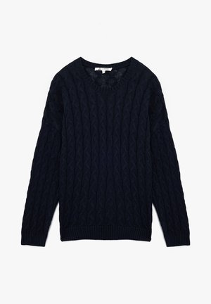 Laine sweater sininen neulepaita, jossa on kaapeli kuosi, pyöreä pääntie sekä ribbaus hihansuissa ja helmassa. Valmistettu teksturoidusta materiaalista.