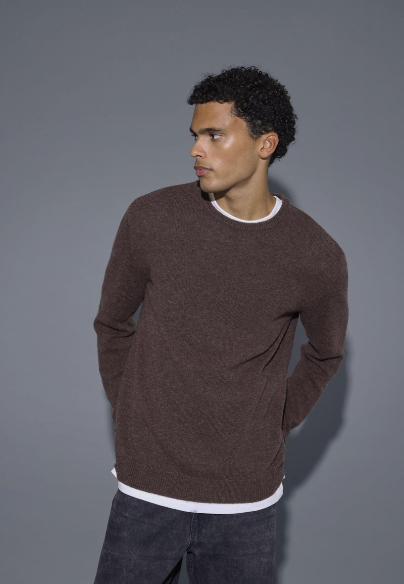 Pull en tricot marron à manches longues et encolure ras du cou, porté par-dessus une chemise blanche. Texture riche avec un motif côtelé subtil.
