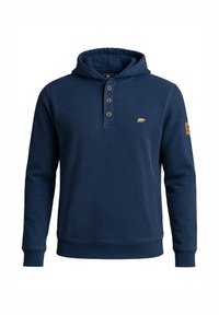 Marineblauwe hoodie gemaakt van zacht materiaal met een knoopsluiting, logo op de borst en gestructureerde manchetten en zoom.