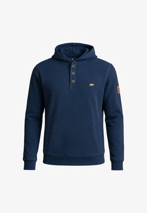 Navyblauer Kapuzenpullover aus weichem Material mit Knopfleiste, Logo auf der Brust sowie strukturierten Bündchen und Saum.