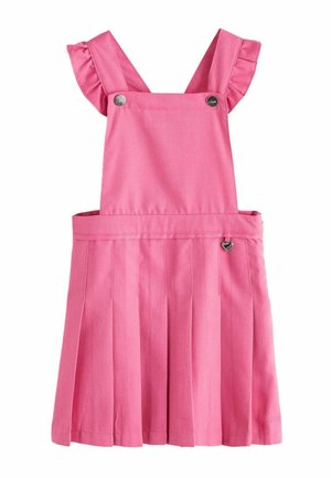Pink plisseret forklædekjole med flæseærmer og en lille hjerteformet charm på taljebåndet.