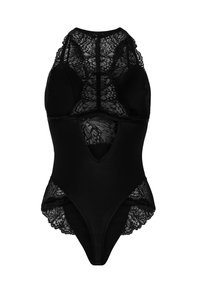 Svart spetsbodysuit med hög krage, strukturerade kupor, en utskärning fram och intrikata spetstillbehör vid sidorna.