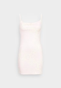 Vestido sem mangas cor-de-rosa claro com decote redondo, apresentando um padrão floral subtil e um design justo, feito de um tecido suave e liso.