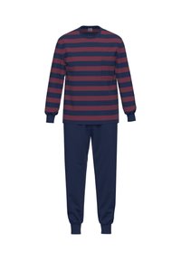 Maglietta a maniche lunghe in cotone a righe navy e bordeaux, abbinata a pantaloni jogger navy a tinta unita con polsini elastici. Taschino sul petto anteriore della maglietta.