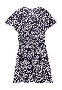 Robe bleu marine avec un motif géométrique blanc, manches courtes, décolleté en V et taille élastique. Longueur genou avec une jupe évasée.