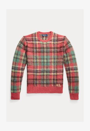 Roter karierten Pullover mit Rundhalsausschnitt und langen Ärmeln, aus weichem, strukturiertem Stoff mit grünen, blauen und braunen Akzenten.