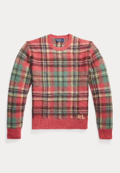 Röd rutig tröja med rund halsringning och långa ärmar, tillverkad av mjukt, strukturerat tyg med inslag av grönt, blått och brunt.