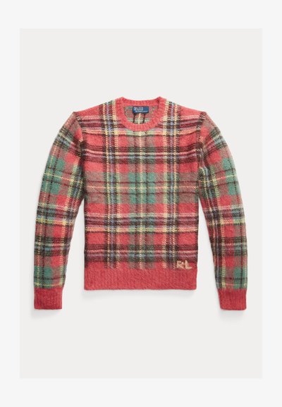 Rdeč karirast pulover z okroglim izrezom in dolgimi rokavi, narejen iz mehke, teksturirane tkanine z zelenimi, modrimi in rjavimi poudarki.