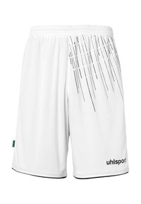 Shorts de sport blancs avec un motif de rayures noires en dégradé sur un côté, taille élastique et logo "uhlsport" en noir.