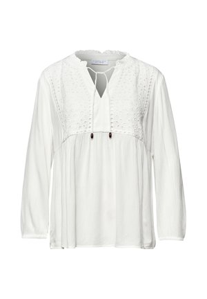 Witte blouse met lange mouwen met geborduurd bovenstuk aan de voorkant, gerimpelde kraag, V-hals met strik en kralen, en losse gestructureerde stof onder de borst.