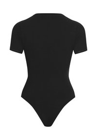 Czarny bodysuit z krótkimi rękawami, okrągłym dekoltem i wysokim krojem na dole. Gładki materiał z dopasowanym krojem i minimalnymi szwami.