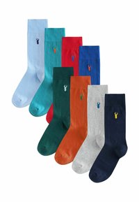 Sæt med otte par bomuldsstrømper i forskellige farver: lyseblå, teal, rød, mørkegrøn, orange, grå, marineblå, med broderet hummerdesign.