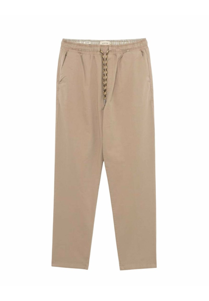 Pantaloni leggeri beige con una cintura regolabile a cordino, due tasche laterali e un design a gamba affusolata. Tessuto dalla texture liscia.