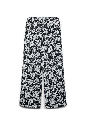 Schwarze Hose mit weitem Bein, weißem Blumenmuster, hoher Taille und lockerer Passform.