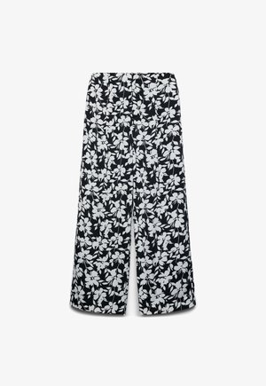Schwarze Hose mit weitem Bein, weißem Blumenmuster, hoher Taille und lockerer Passform.