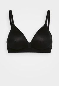 Black seamless triangle bra with adjustable straps, soft fabric, and a wide comfort band. Features a smooth texture with rounded cups.