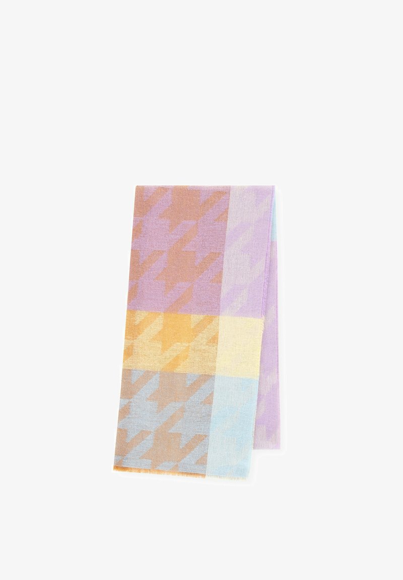 Sciarpa piegata con grande motivo houndstooth in tonalità pastello di viola, arancione, giallo e blu su sfondo bianco.