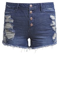 Shorts vaqueros en azul oscuro con detalles desgastados, dobladillo deshilachado y tres botones delanteros. La tela tiene una textura suave con un aspecto envejecido.