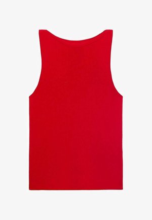 Top sans manches rouge fabriqué en tissu lisse et extensible. Présente un col rond et un design simple et sans ornements.