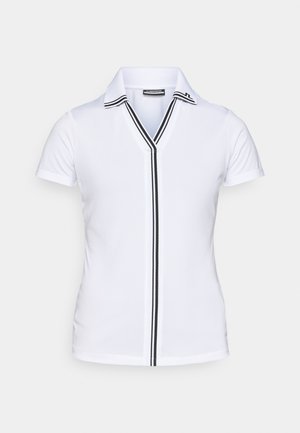 Polo shirt bianco con maniche corte, scollo a V, dettagli a righe nere lungo il colletto e la patta, realizzato in tessuto liscio e traspirante.