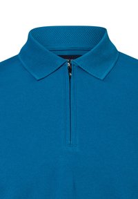 Türkisfarbenes Poloshirt mit strukturiertem Mesh-Kragen und halbem Reißverschluss. Hergestellt aus weichem, glattem Stoff.