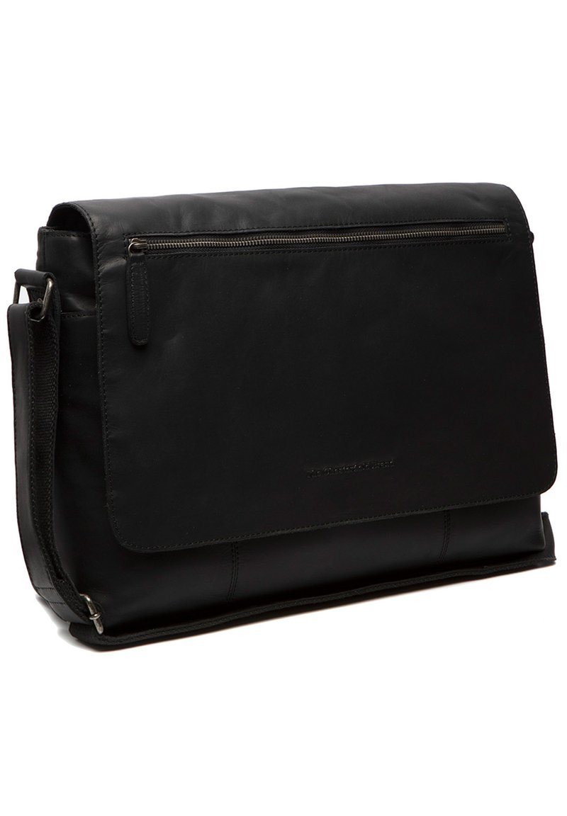 Borsa a tracolla in pelle nera con chiusura a ribalta, tasca anteriore con cerniera e tracolla regolabile. Caratterizzata da una texture liscia e da un design minimalista.