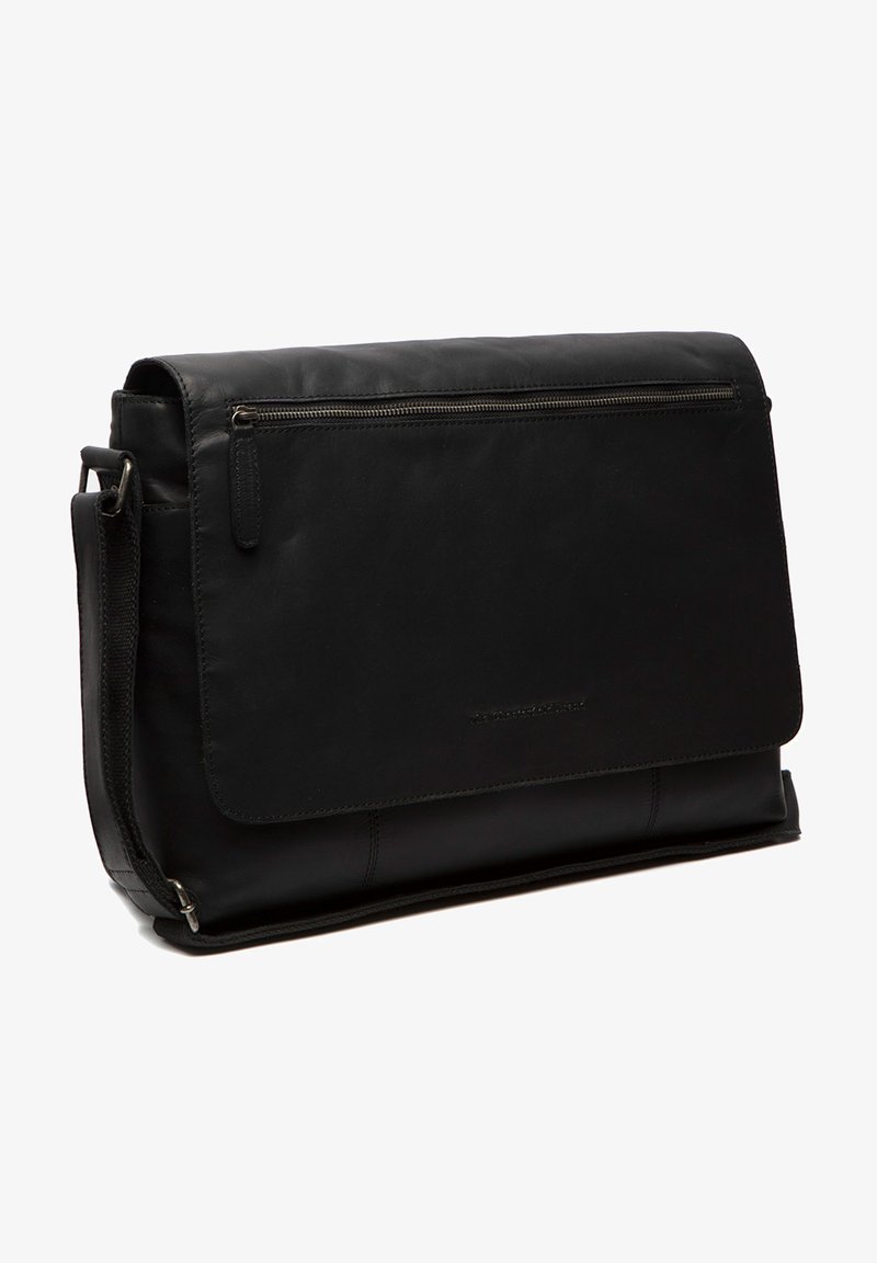 Borsa a tracolla in pelle nera con chiusura a ribalta, tasca anteriore con cerniera e tracolla regolabile. Caratterizzata da una texture liscia e da un design minimalista.