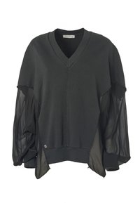 Pullover grigio scuro a scollo a V con parte anteriore testurizzata e maniche lunghe trasparenti e ampie. Bordo grezzo ben visibile e un'etichetta con logo all'orlo. Misto di materiali morbidi.