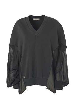 Dunkelgrauer V-Ausschnitt-Pullover mit strukturiertem Vorderteil und transparenten, luftigen Langärmeln. Auffällige Rohkanten und ein Logotag am Saum. Weiche Materialmischung.