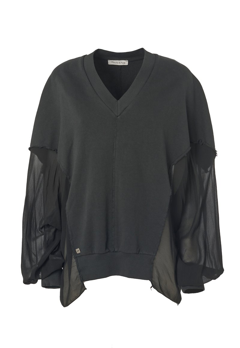 Pullover grigio scuro a scollo a V con parte anteriore testurizzata e maniche lunghe trasparenti e ampie. Bordo grezzo ben visibile e un'etichetta con logo all'orlo. Misto di materiali morbidi.
